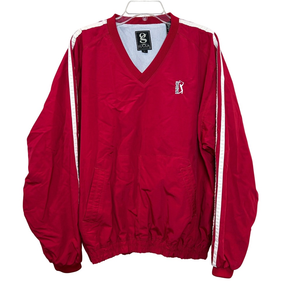 Vintage PGA Tour Windbreaker Mens Large Red Golf V-Neck Pullover Striped Sleeve